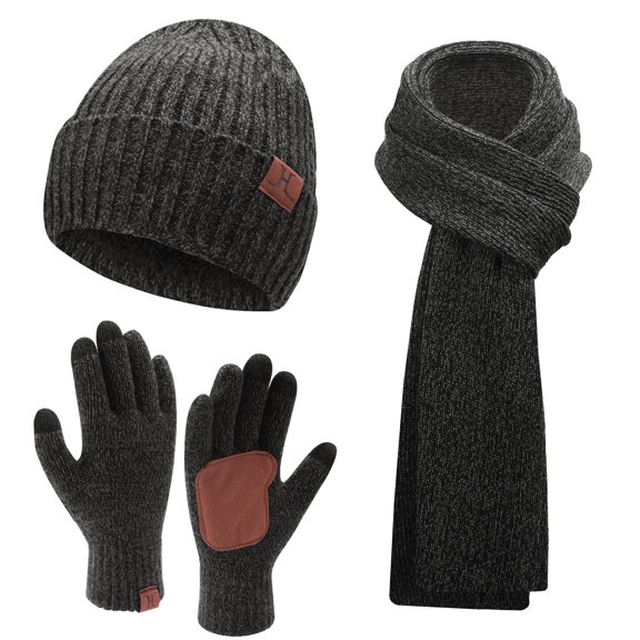 FZ FANTASTIC ZONE Men Women Winter Knit Hat Beanie Long Scarf Set Touchscreen Gloves Neck with Fleece Lined,Darkgray