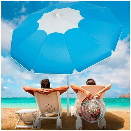 Beach Umbrella with Sand Anchor, Outdoor Portable Beach Umbrella for Sand with Adjustable Tilt Aluminum Pole,6.5ft Travel Wind Resisitance Umbrella with Carry Bag for Beach Patio Outside(Bule-white)