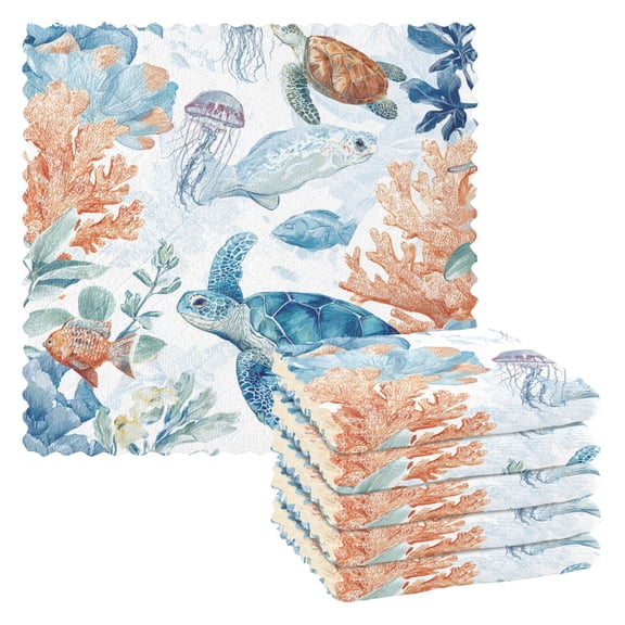 6 Pieces of Kitchen Towels 11x11Inch Kitchen Dish Cloths Kitchen Dish Towels Reuseable Cleaning Cloths Turtle Coral Reef