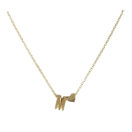 - Floating Letter M Initial & Heart Mini Pendant Necklace, Gold