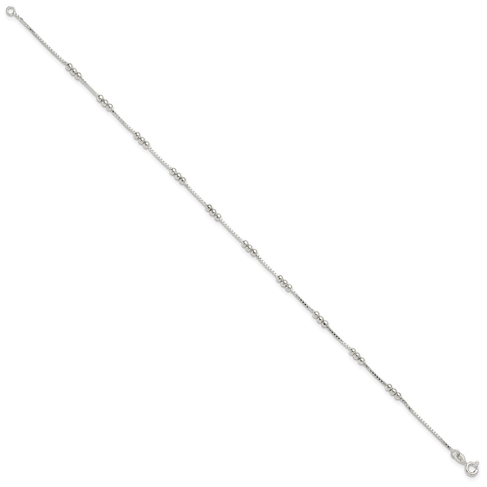 Sterling Silver Polished Beaded Box 10in Anklet