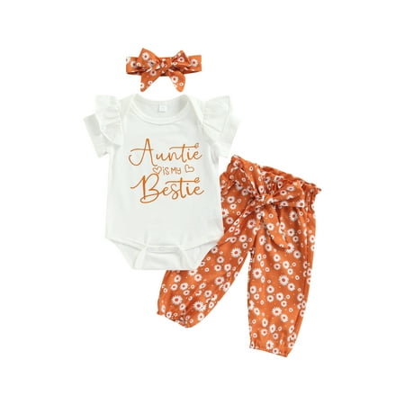 

Canrulo 3pcs Newborn Baby Girls Clothes Letter Fly Sleeve Romper Tops Sunflowers Pants Headband Clothing White 3-6 Months
