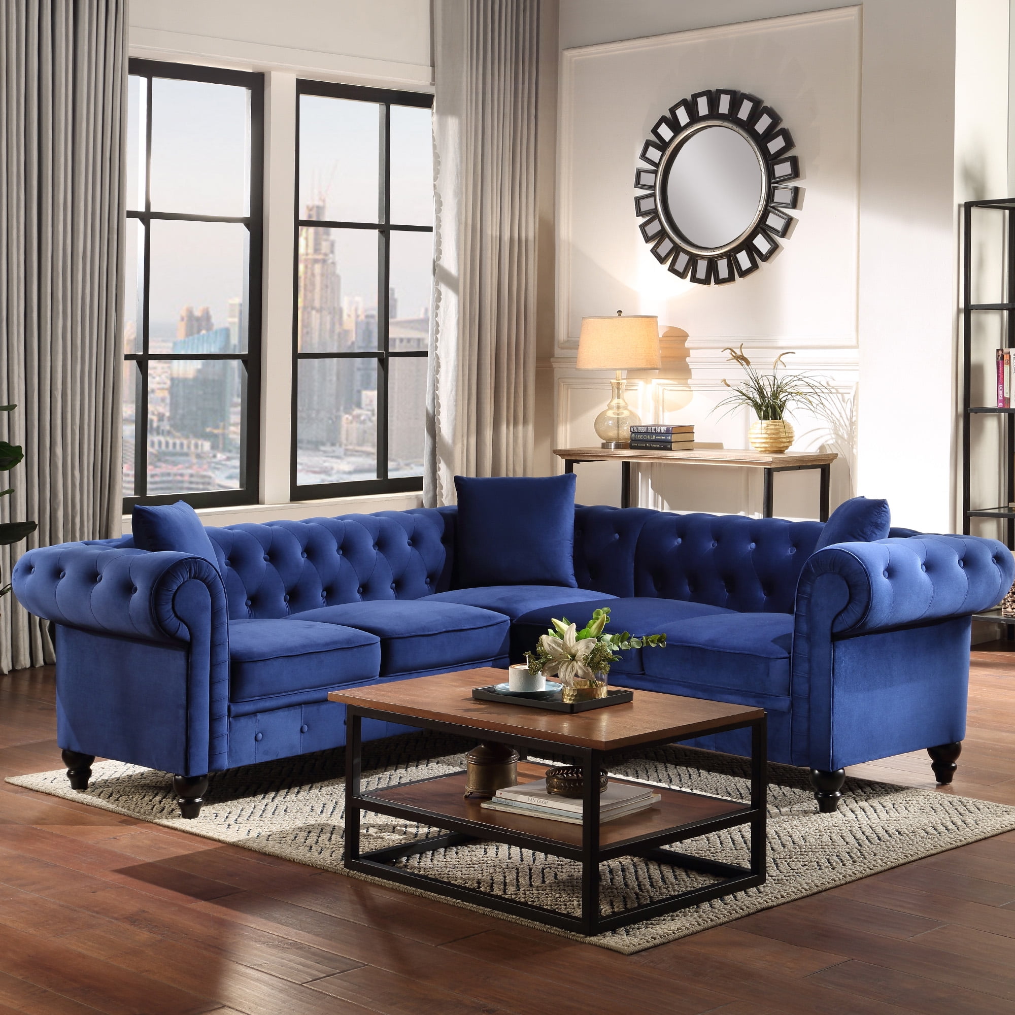 Kepooman Sectional Sofa, Blue Polyester Kepooman Sectional Sofa, Blue Polyester