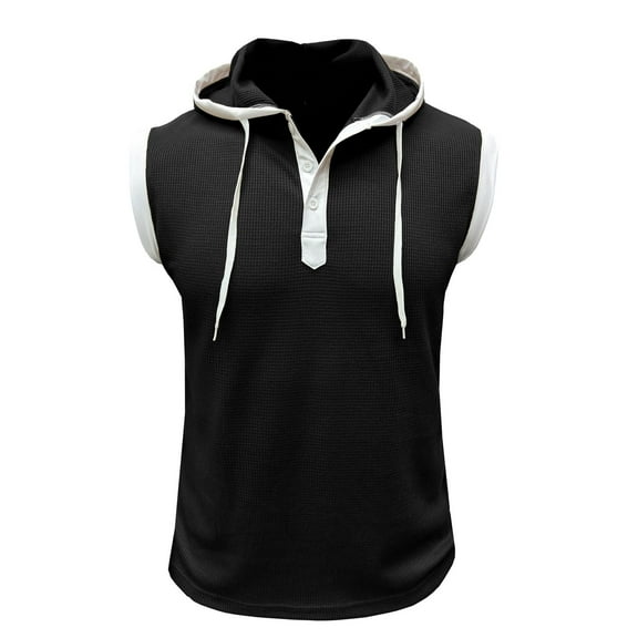 Men's Waffle Knit Tank Top Soft Summer Gym Hooded Vest Workout Top Sleeveless Hoodie Button Fitted Slim Fit Tshirt Running Black XX-Large