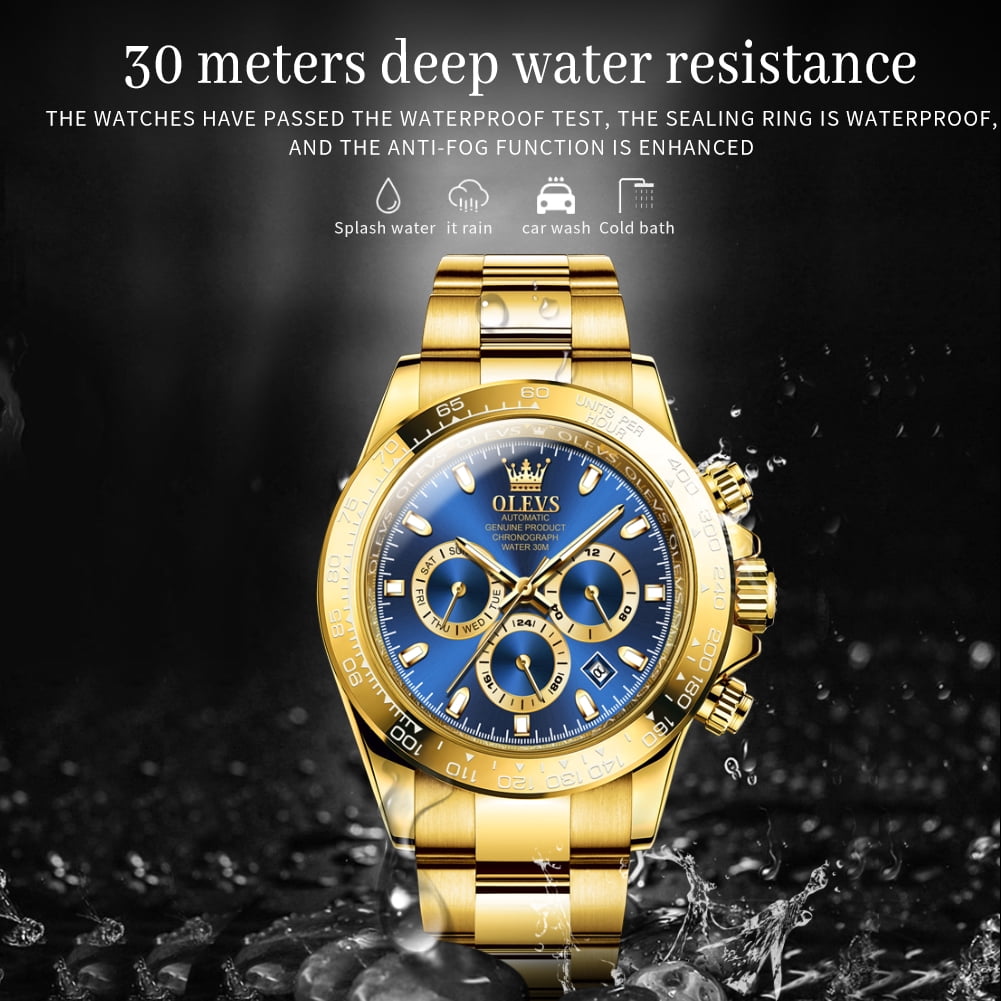 OLEVS Automatic Watches for Men Self Winding Chronograph Mechanical Luxury Dress Stainless Steel Calendar Date Waterproof Luminous Mens Wrist Watches Gift Reloj Para Hombre Gold/Black/Blue/Green Dial