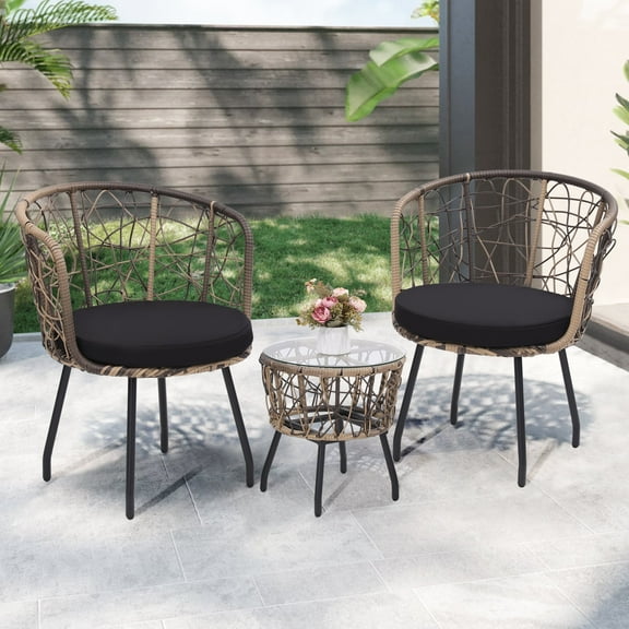 Melocadol Modern Boho Outdoor Bistro Set, 3 Piece Wicker Patio Furniture with 2 Chairs and Sturdy Glass Table Top, All-Weather Cushions, Perfect for Balcony, Garden, Deck， Black Cushion