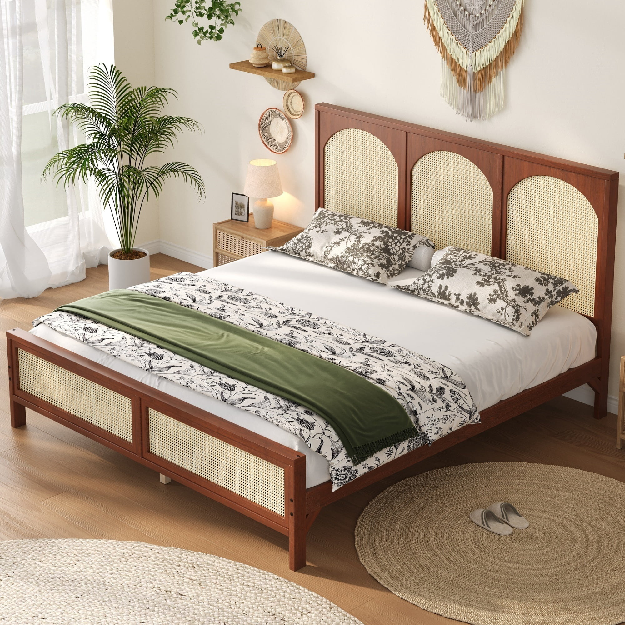Euroco Queen Size Platform Bed with Rattan Headboard, Walnut