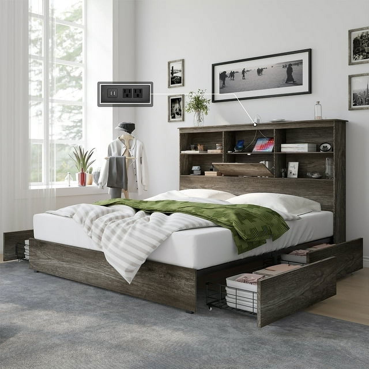 Merluxy King Size Bed Frame Wooden Platform Bed with Storage Bookcase Headboard, 4 Storage Drawers & Charging Station/Noise Free/Rustic Grey