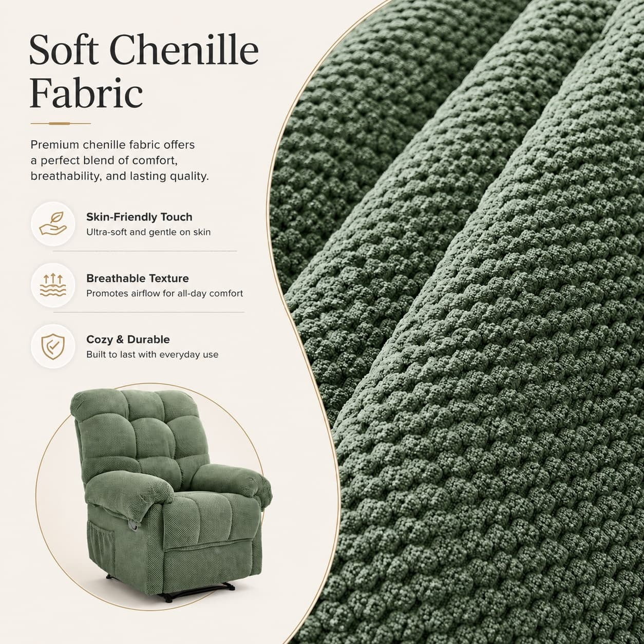 Aukfa Overstuffed Manual Recliner Chair, Upholstered Glider Lounge Armchair with Footrest for Bedroom Reading,Green