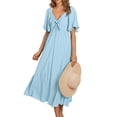 thumbnail image 2 of Women Summer Dress Casual Cute V Neck Twist Knot Midi Dress Loose Flowy Flutter Sleeve Solid Color Beach Dress Ladies Short Sleeve High Waist Long Maxi Dresses Party Holiday, 2 of 9