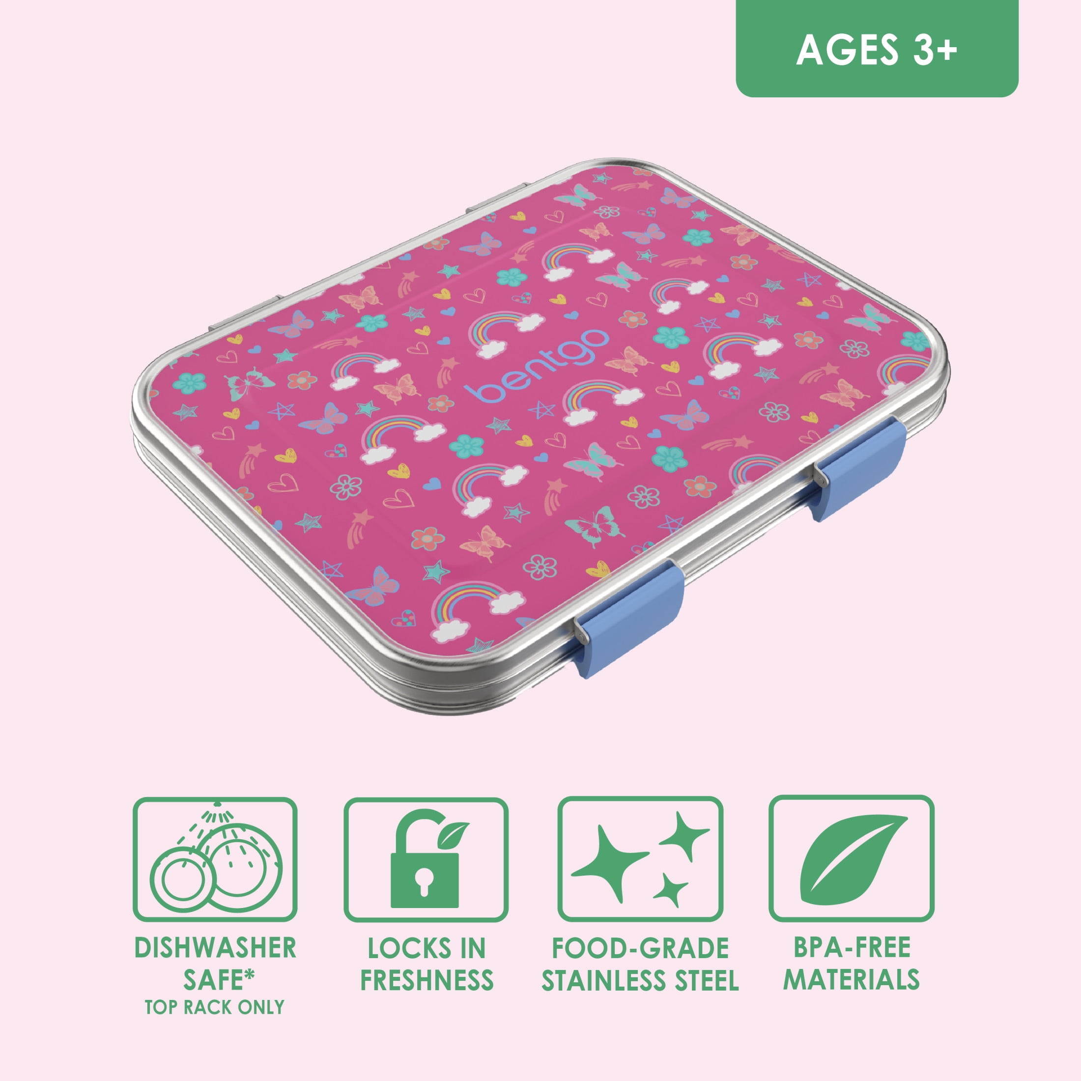 Bentgo Kids Stainless Steel Prints Leak-Resistant Lunch Box - 3-Compartments with Silicone Container, Durable, Eco-Friendly, Dishwasher Safe, for School, Ages 3+ (Rainbows & Butterflies)