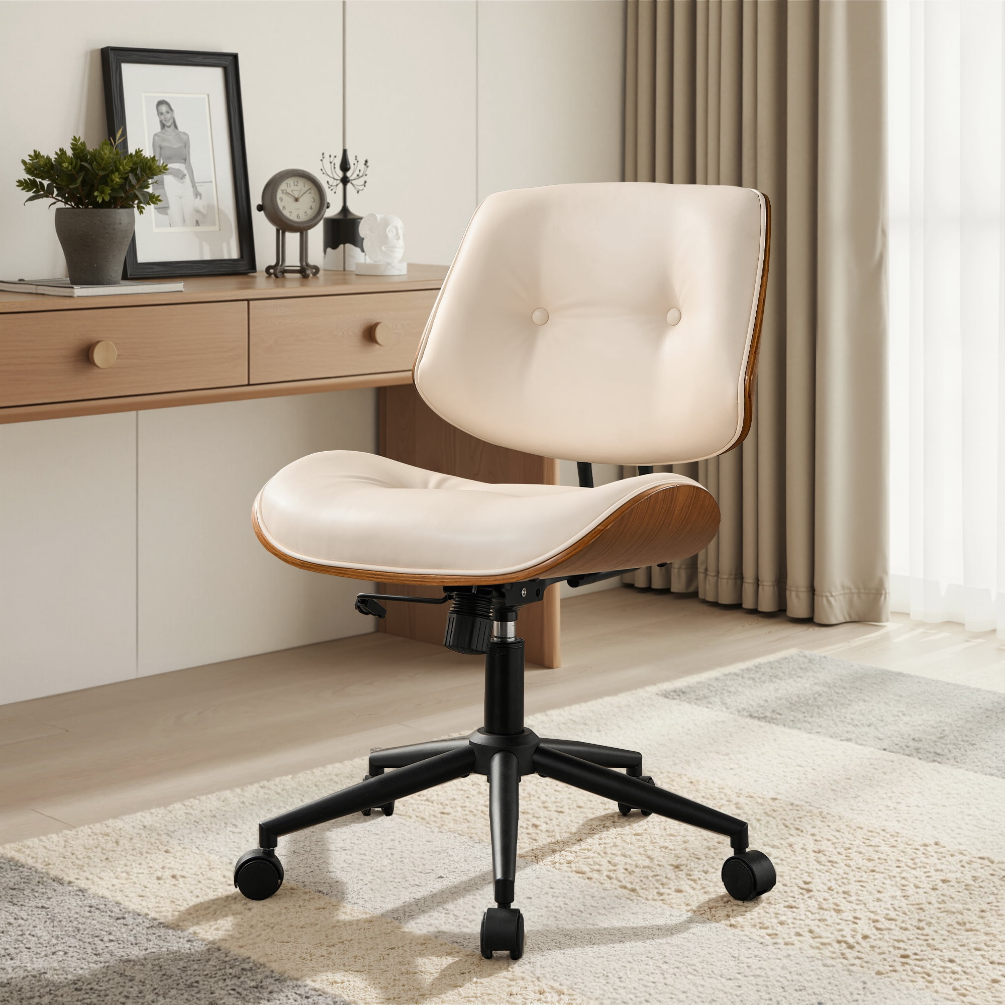XIZZI Home Office Chair, Armless Mid-Century Ergonomic Desk Chair with 3" Thick Cushion, Premium PU Leather Mid Back 360 Swivel Computer Chair with Walnut Design, Button-Tufted White