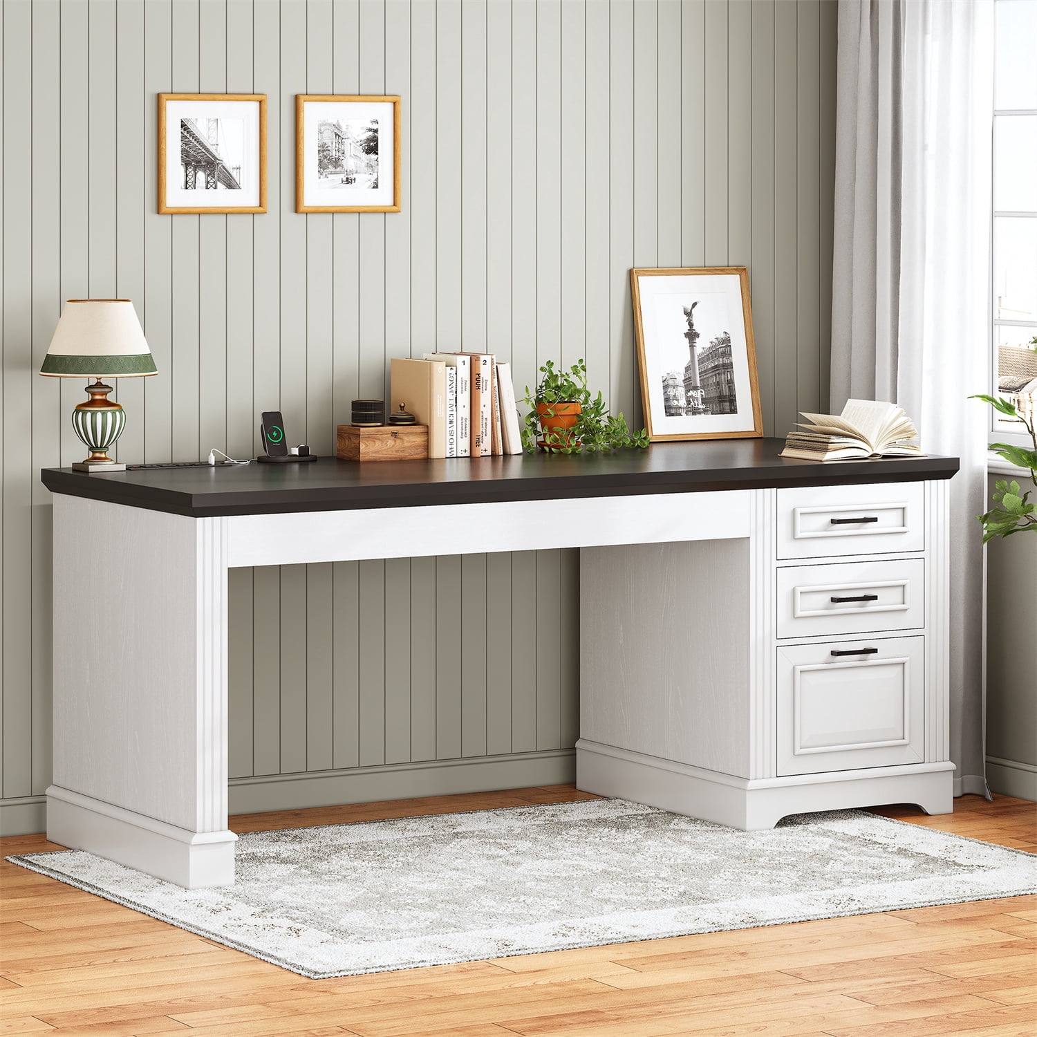 55" Executive Desk with Power Outlets and Storage, Wood Computer Desk with 2 Drawers & 1 File Drawer for Home Office, Large PC Workstation Farmhouse Office Desk, White