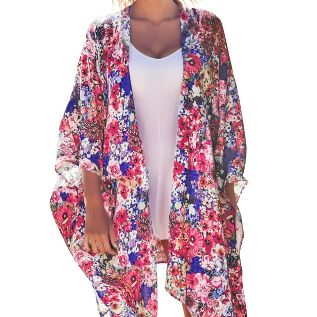 GYUJNB Long Kimonos for Women Floral Swimsuit Cover Ups Open Front Lace Beach Robe,Hot Pink