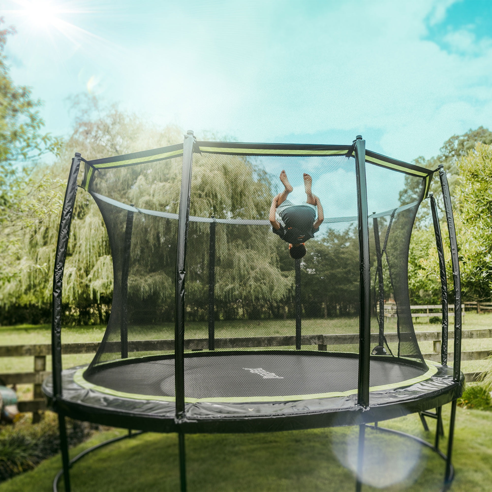 JumpFlex HERO 12' Round Trampoline with Safety Net Enclosure & Net Attachment, Black/Green
