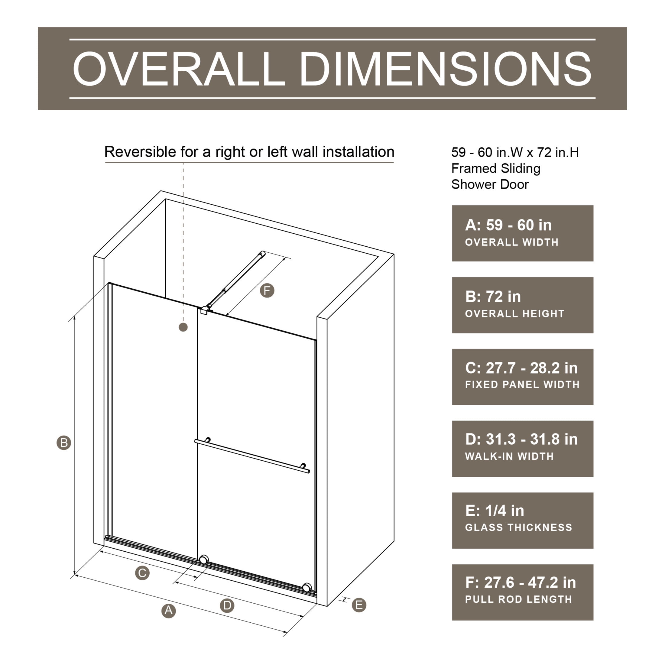 Noble House 60" x 72" Sliding Shower Door, Clear Tempered Glass with Adjustable Support Bar and Steel Handle, Black