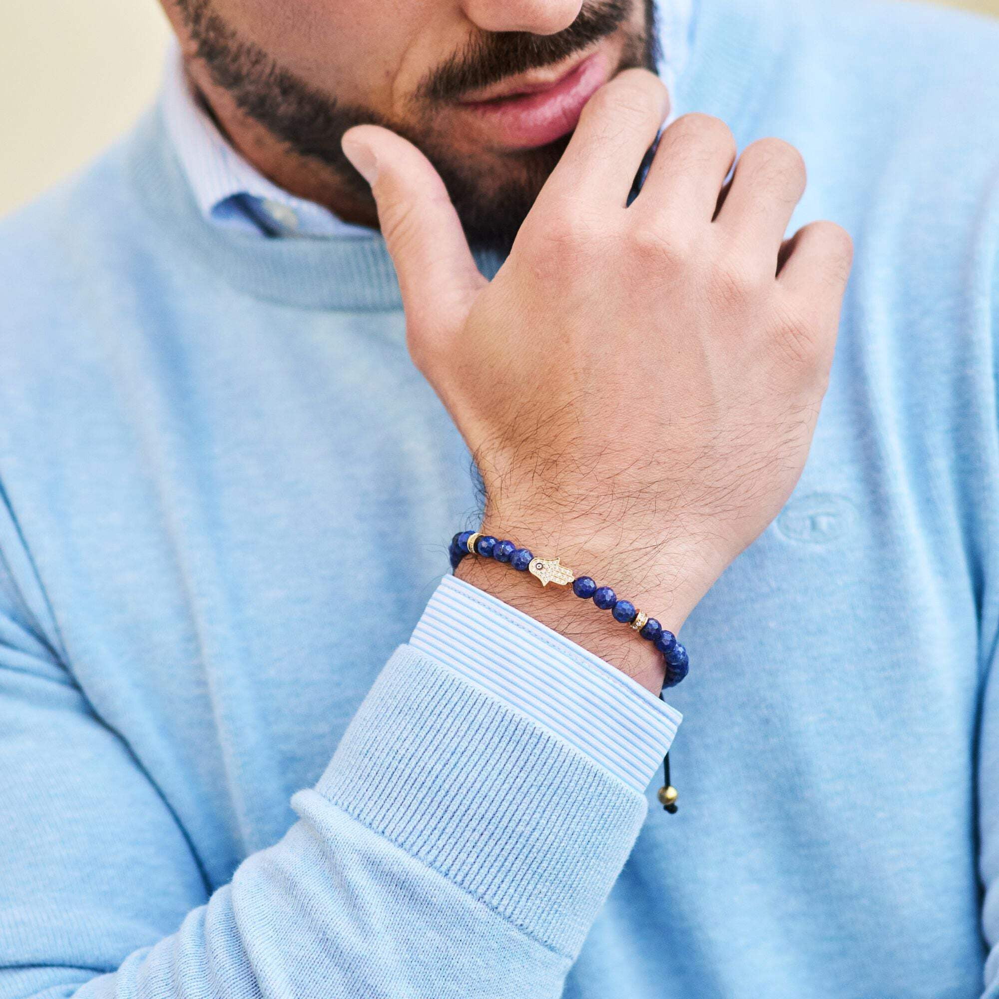 Men's LAPIS LAZULI Bracelet with Golden HAMSA Hand | Gift for Men | One Size Fits All | 100% Natural | Gemstone Adjustable Bracelet