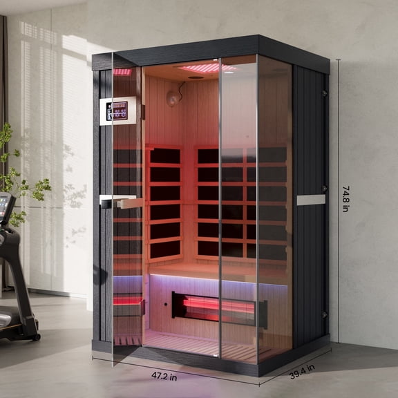 OnyxEdge 2-Person Full Spectrum Infrared Sauna, 1990W 120V, 12x12" Red Light & 2 Speakers, Hemlock Wood with Dual LED Controls for Home Gym