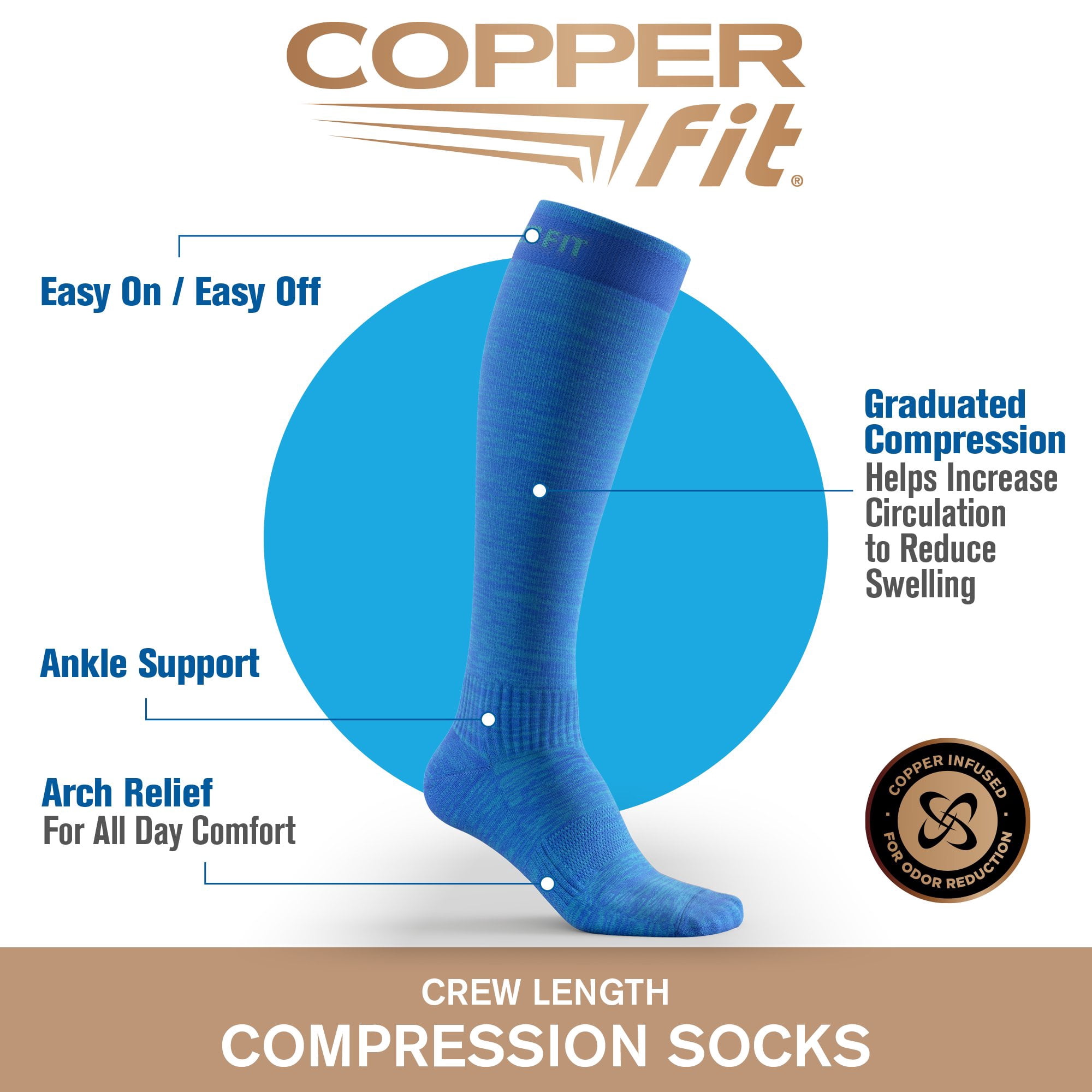 Copper Fit® Compression Socks, Copper Infused Easy-On/Off, 1-pair, Unisex, Heather Blue, S/M