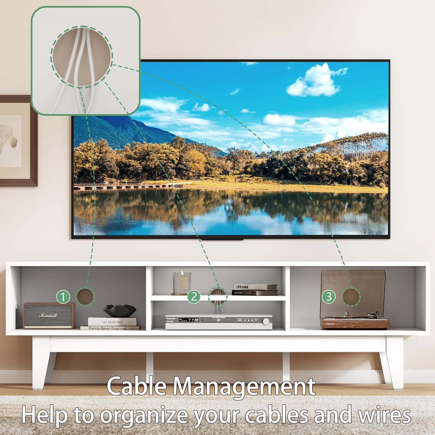 FANRAL Mid-Century Fluted TV Stand for 65 Inch TV,Modern Entertainment Center with Sliding Doors,Media Console with Adjustable Shelves & Cable Holes for Living Room,White TV Stand