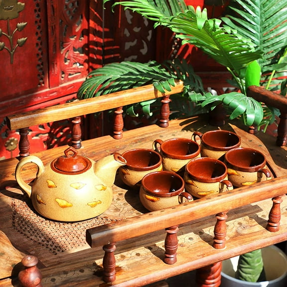 India Meets India Brown Ceramic Tea Pot Kettle 20 Oz Set of 6 Ceramic Tea Cups Embossed design Indian Handicraft Perfect Gift Pack