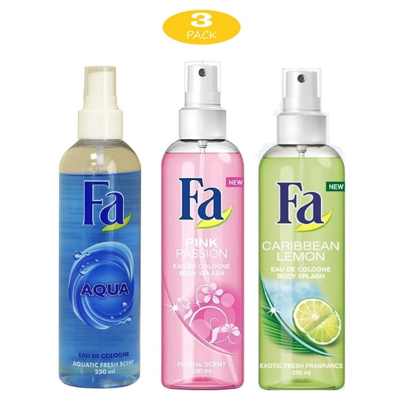 Fa Body Splash Assorted, Aqua, Caribbean Lemon & Pink Passion - 1.7oz/250ml - Pack of 3