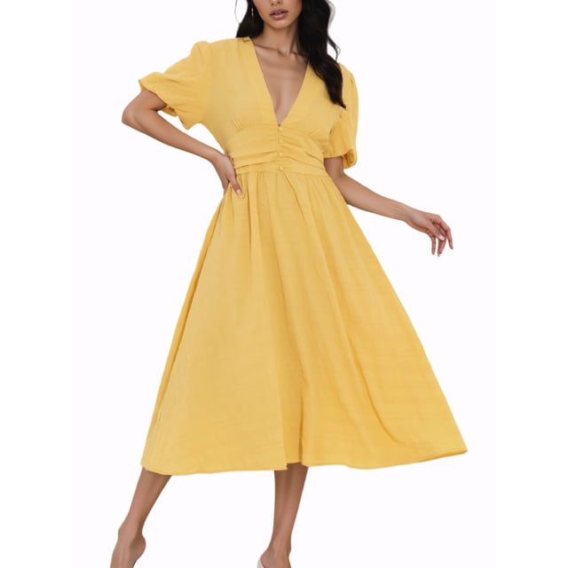 Vestido de mujer INSPIRE CHIC con escote en V, manga corta, cintura elástica, vestido sólido en color amarillo