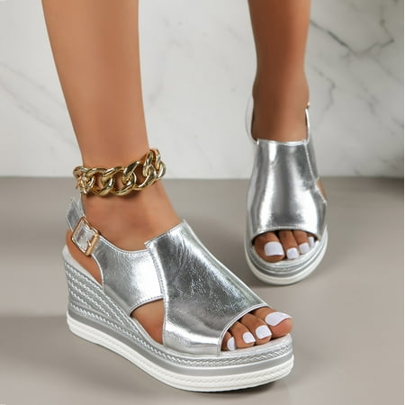 

XIAQUJ Women Metallic Slingback Wedge Sandals Glamorous Summer Bohemian Sandals Sandals for Women Silver 7(38)