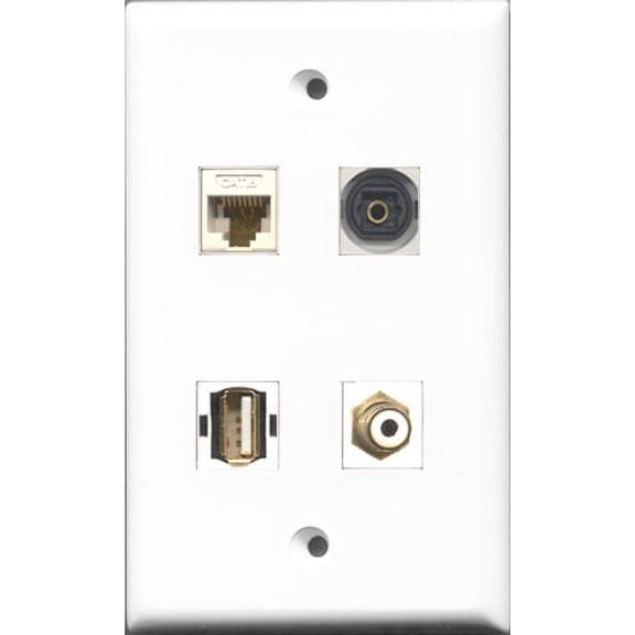 RiteAV 1 Port RCA White and 1 Port USB A-A and 1 Port Toslink and 1 Port Cat6 Ethernet White Wall Plate
