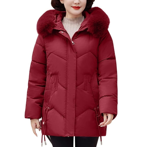 Hvyesh Women's Winter Coa Warm Hooded Puffer Jackets Casual Quilted Mid Length Winter Coats Thicken Padded Parka Red M