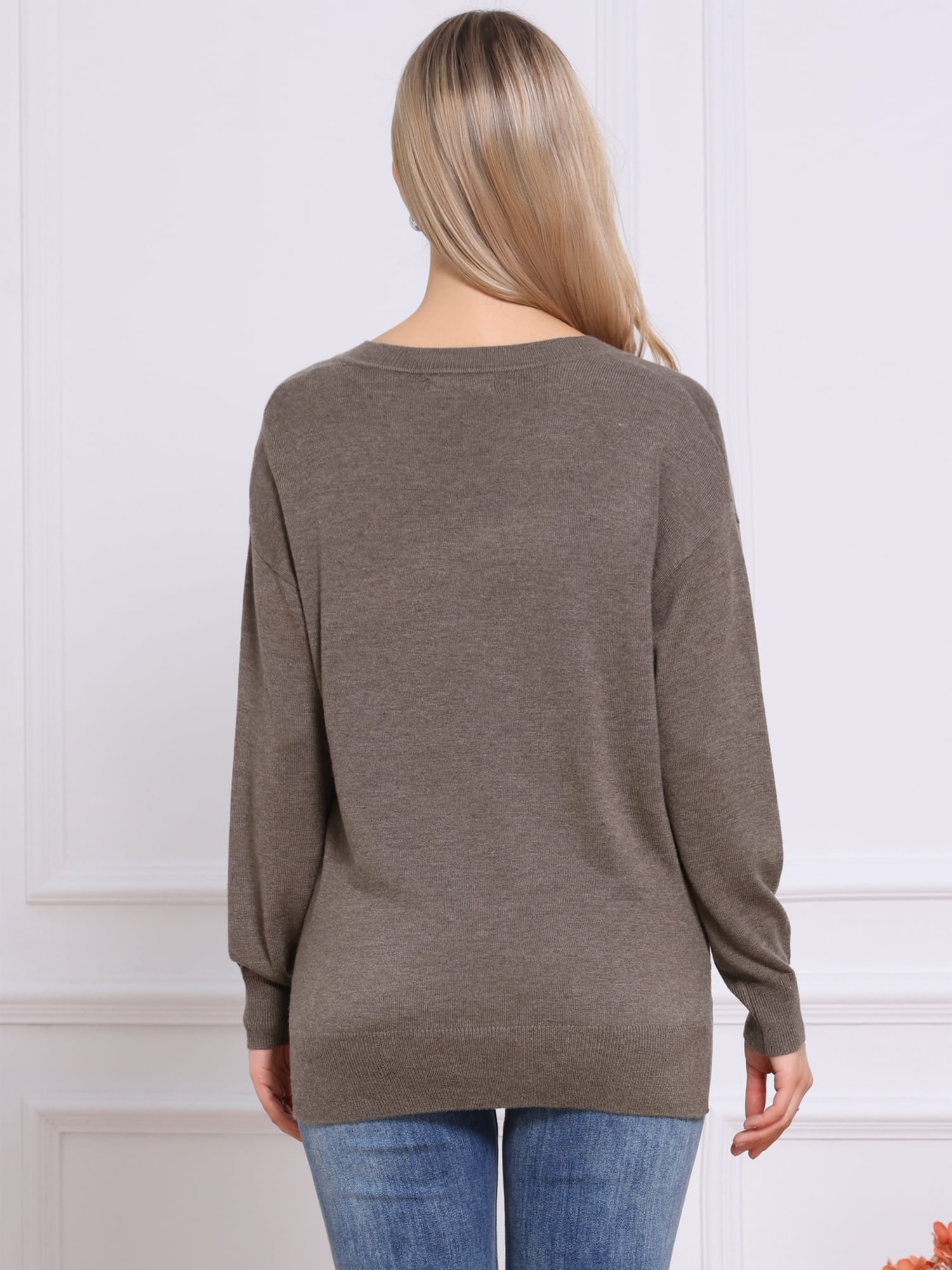 DARING DIVA Women's V Neck Sweaters Long Sleeve Pullover Jumper Tops S Brown
