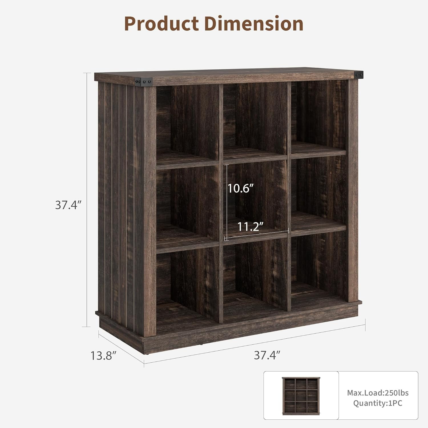 Farmhouse Wood Book Shelf, 9-Cube Storage Organizer Bookshelf, 3-Tier Minimalist Floor Standing Display Cabinet for Living Room, Bedroom, or Home Office, Grey