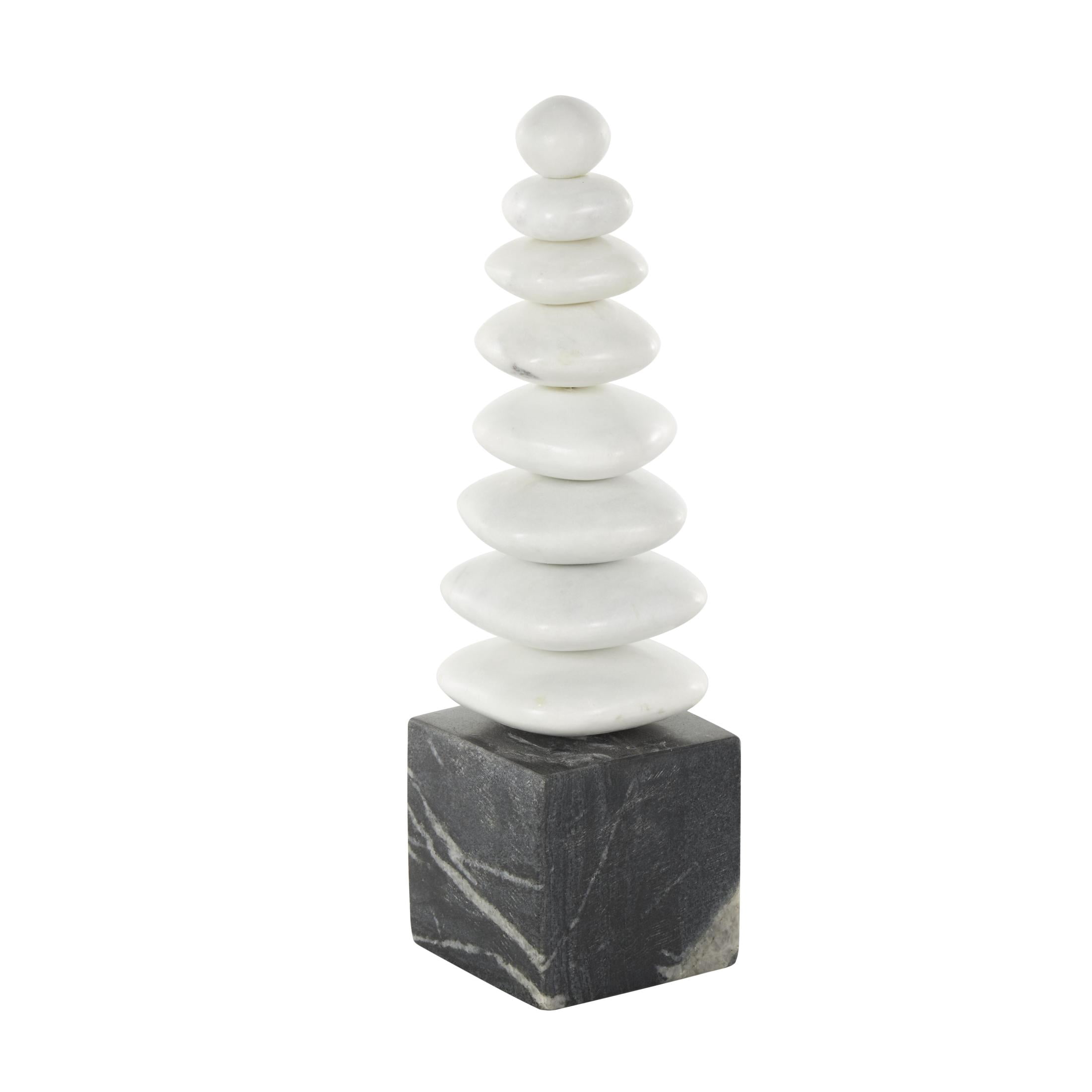 3" x 12" White Marble Stacked Stone Abstract Sculpture with Black Block Base, by DecMode