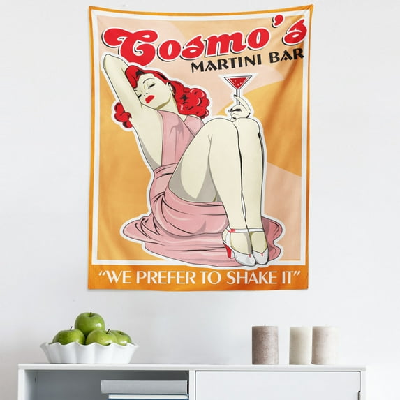 Pin up Tapestry, Martini Cocktail Holding Woman We Prefer to Shake It Message Print, Fabric Wall Hanging Decor for Bedroom Living Room Dorm, 5 Sizes, Pale Orange and Scarlet, by Ambesonne