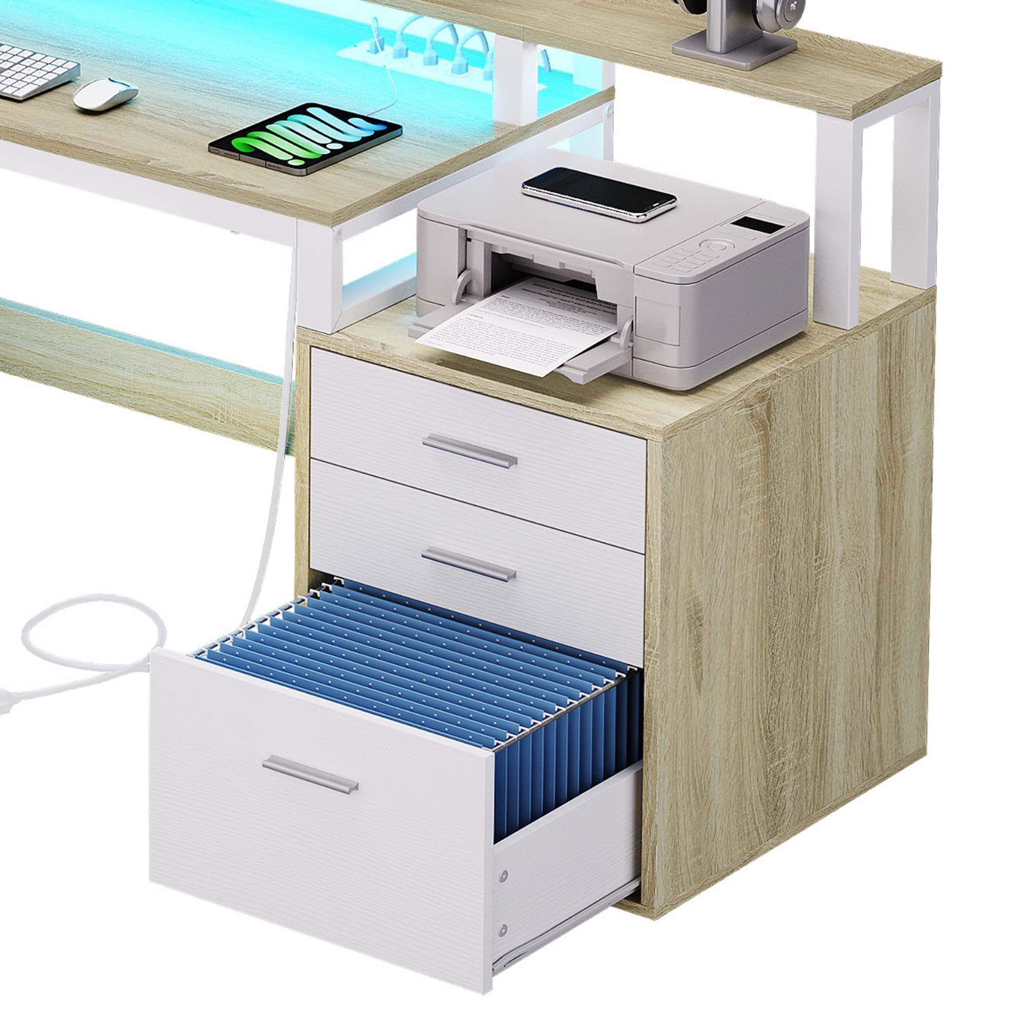 Dextrus 65" L Shaped Desk with Power Outlets and Monitor Stand , Computer Desk with LED Light &File Cabinet, Corner Desk with 3 Drawers & 4 Open Storage Shelves, Modern Home Office Desk, Oak