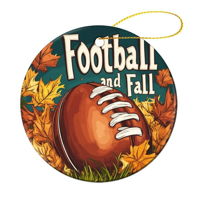 Fall And Football Autumn Leaves Christmas Ceramic Ornament Hello Fall Football Autumn Maple Leaf Flowers Double-Sided Printed 3" Ceramic Christmas Ornament Christmas Tree Hanging Accessories