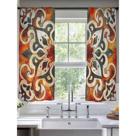 Burnt Orange Green Sheer Curtains for Living Room Bedroom Vintage Abstract Flowers Sheer Curtains 72 Inch Long 2 Panels Set Light Filtering Curtain Window Treatments Drapes for Dining Room