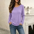thumbnail image 4 of ClodeEU Women's Crew Neck Side Split Curved Hem Long Sleeve Top, Casual Loose Waffle Knit Pullover Blouse Purple,Women's Plus M, 4 of 9