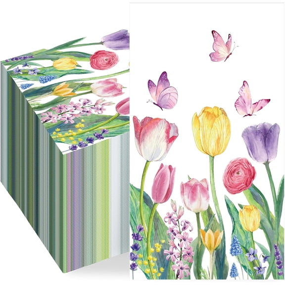 Spring Floral Paper Napkins Tulip Guest Napkins Disposable Watercolor Flower Dinner Party Napkin Floral Decorative Hand Towel for Bathroom Bridal Shower Wedding Birthday Dinner Party Supplies