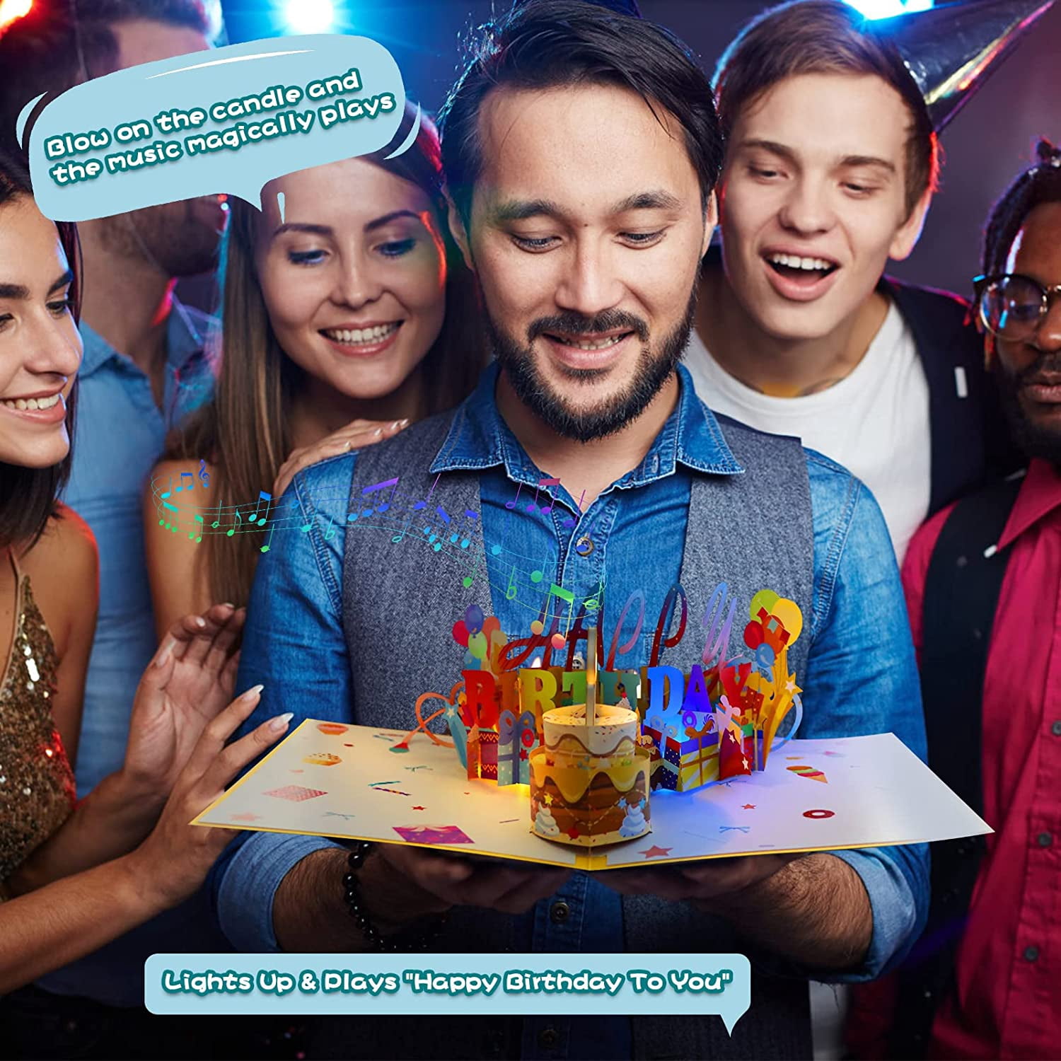 3D Musical Birthday Popup Card, Blowable/Blow Out LED Light Candle and Play Happy Music for Kids Men Women