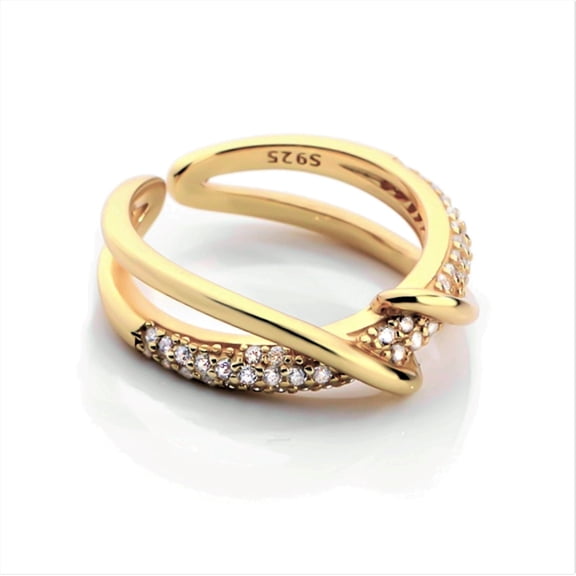 Bellitia Jewelry Gold Silver Plated Adjustable Opening Ring for Women, 925 Sterling Silver Ring with Cross Line Design, Cubic Zirconia Ring