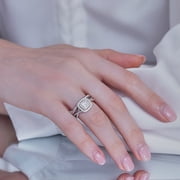 JeenMata 1.25 Carat Square Moissanite Engagement Ring for Women, Double Halo Bridal Wedding Ring Set with Twisted Band in 18K White Gold Plated