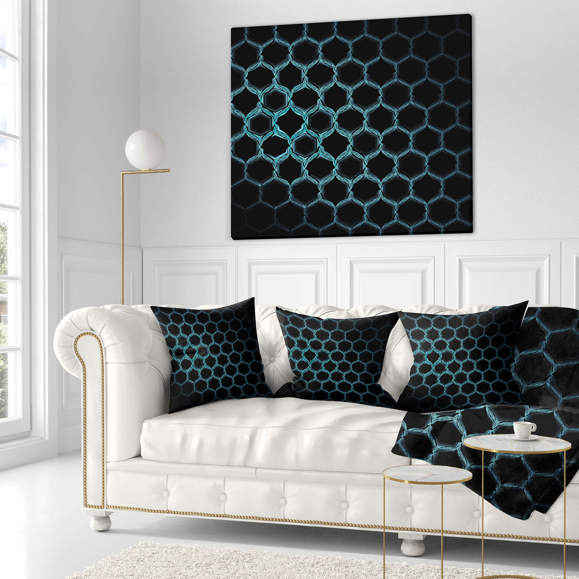 Designart Honeycomb Fractal Gold Hex Pixel - Abstract Throw Pillow - 16x16