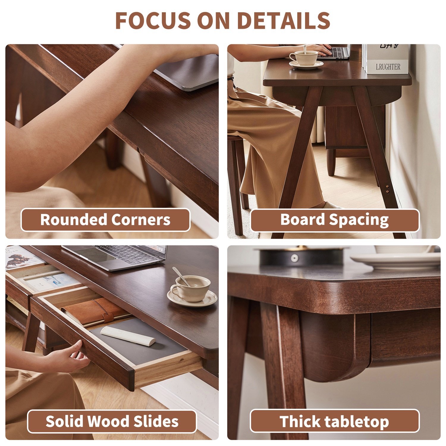 Hommoo Solid Rubberwood Writing Desk with Drawer, Home Office Desk, A-Frame Study Table for Students & Adults, Eco-Friendly Wooden Computer Desk, Walnut