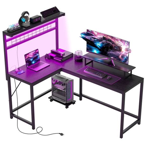ALPULON 62inch L Shaped Gaming Desk with Monitor Stand and CPU Shelf, Computer Desk with Power Outlets & LED Lights, Black