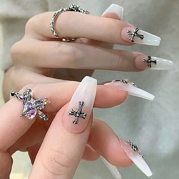 24pcs Press On False Nails Fake Nail Salon Full Cover Design for Women Girls Gift Extra Long Coffin Nude Sailor Rivet