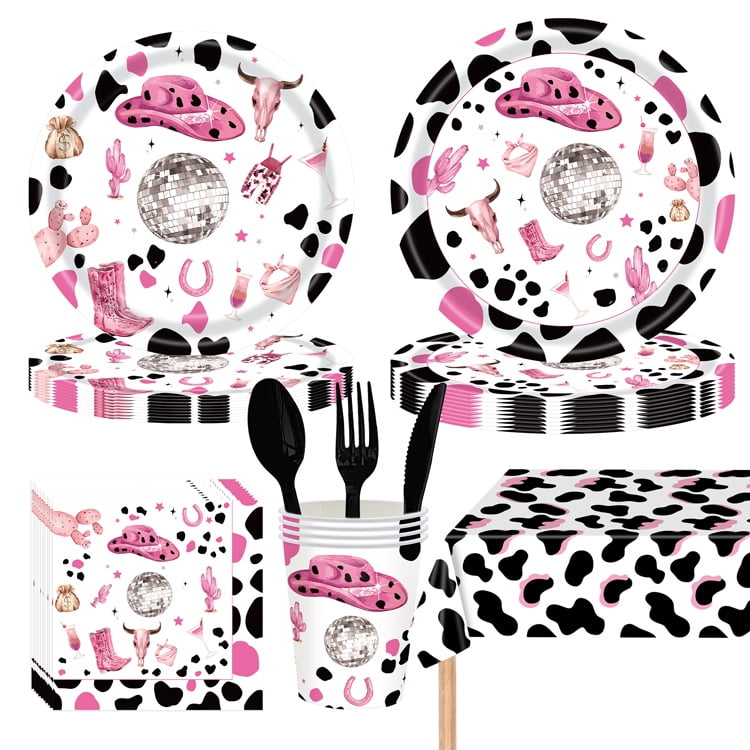 133 Pcs Cow Print Party Supplies Farm Animal Disposable Tableware Set Western Cowgirl Pink Cow Plates Cups Napkins Cutlery Tablecloth Birthday Banner Serves 16 for Baby Shower Farm Picnic