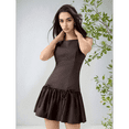 thumbnail image 4 of Robe Plissée Sans Manches pour Femme Robe Mini Ligne A Couleur Unie Col Rond Caractéristique de Gaine Nœud - Fermeture Éclair au Dos Brun P, 4 of 9