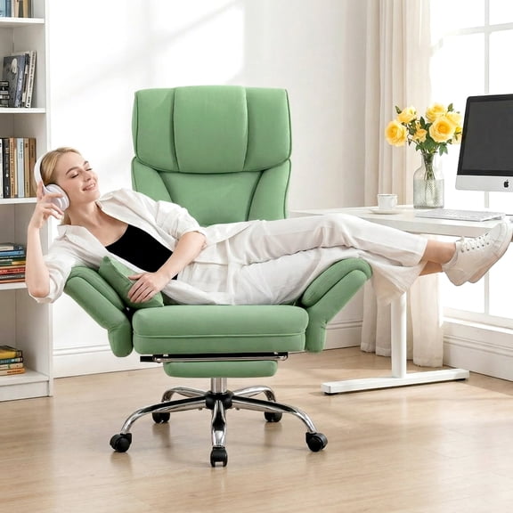 Primy Cross Legged Big and Tall Office Chair with Footrest & Convertible Armrests, 500LBS Velvet Home Desk Chair, Ergonomic Recliner with Lumbar Pillow, Criss Cross Soft-Cushioned Executive Chair