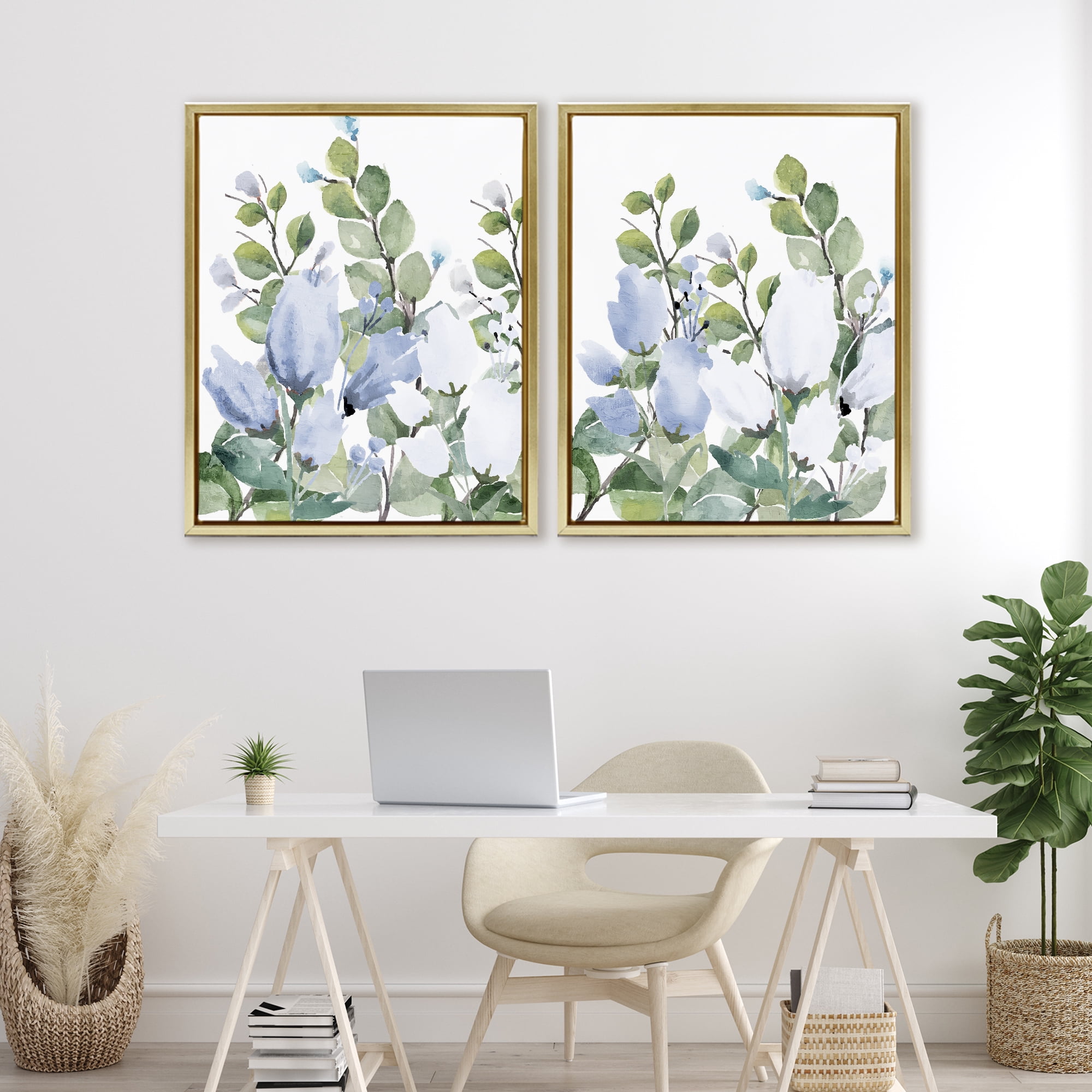 Stupell Industries Blue Spring Watercolors 2 Piece Gold Framed Floater Canvas Set, design by Kim Allen